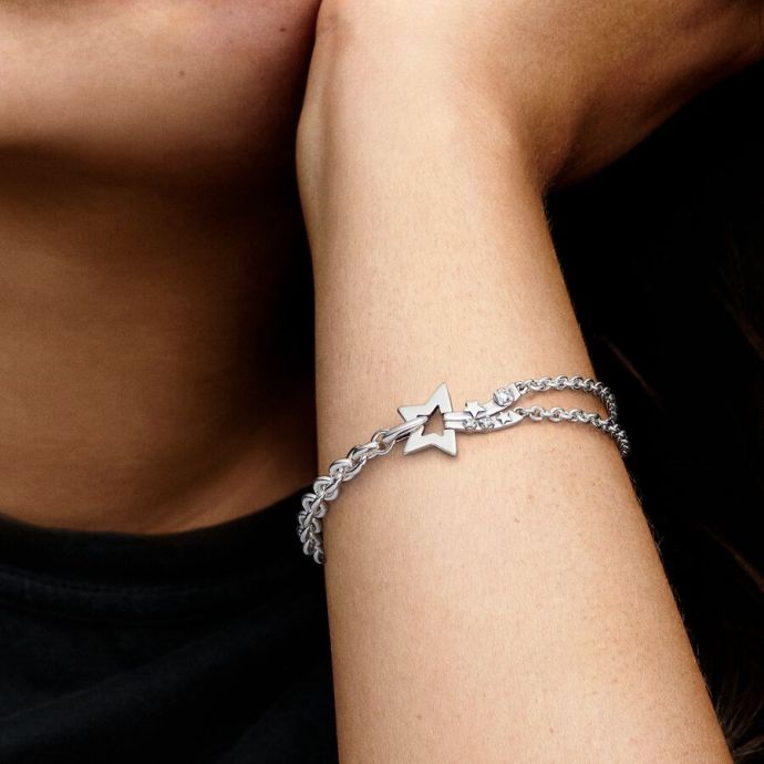Pandora 592409C01 18cm-Kayan Yıldız Çift Zincirli Bilezik - 2